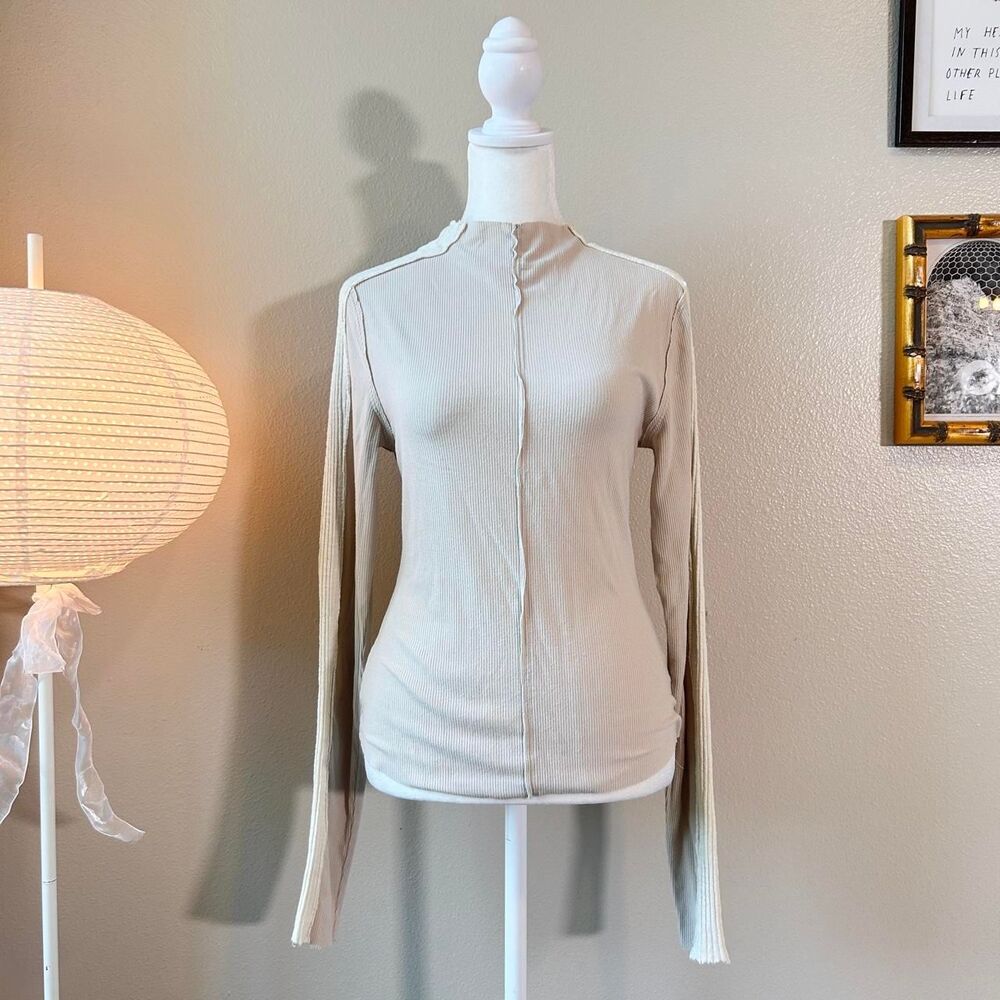 Bohme oatmeal knit trim exposed seam mock neck top L